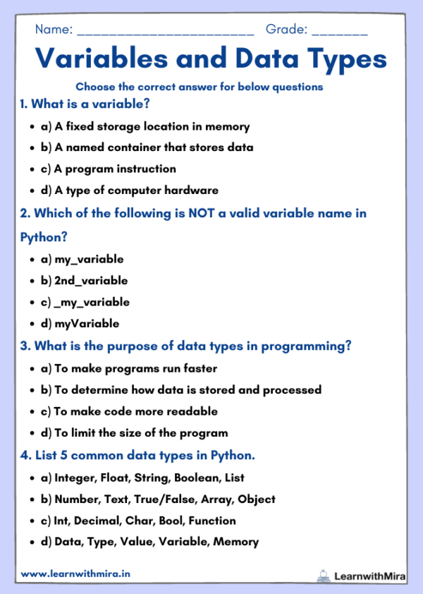 Free Variables and Data types Worksheets in Python for Kids – Mira Learning