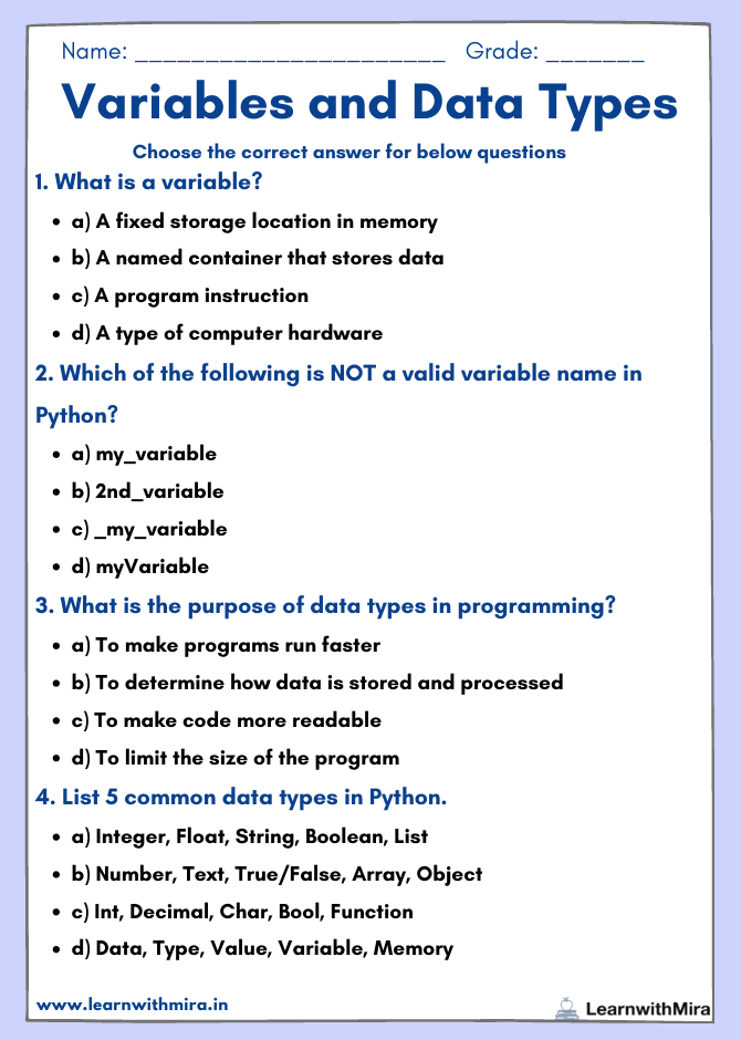 Variables Worksheet